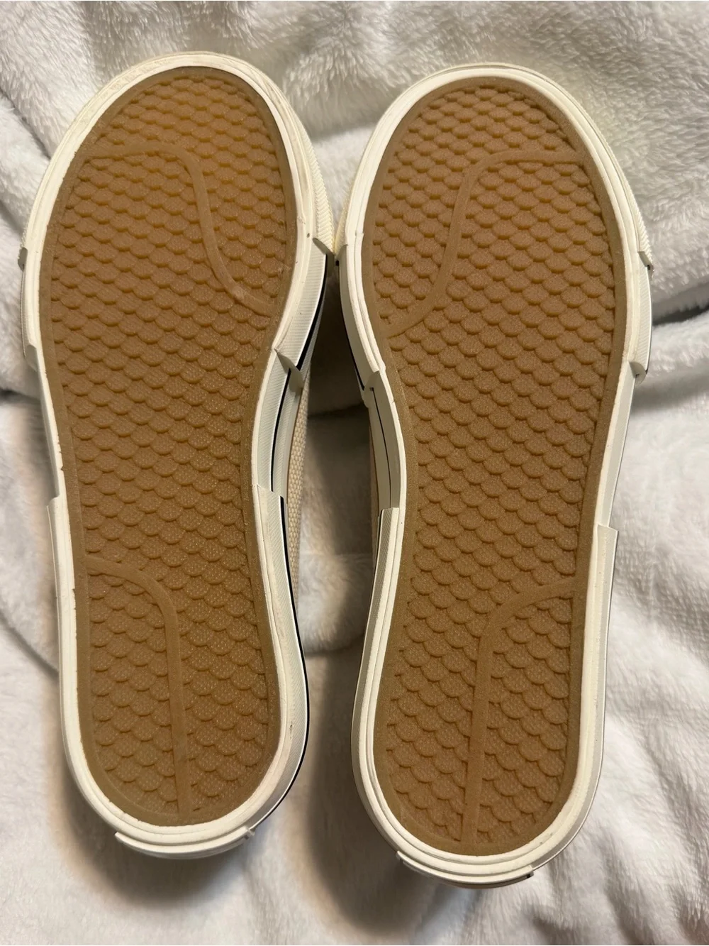 Very G Beige & Tan Slip-On Canvas Sneakers - no box , slight mark on one